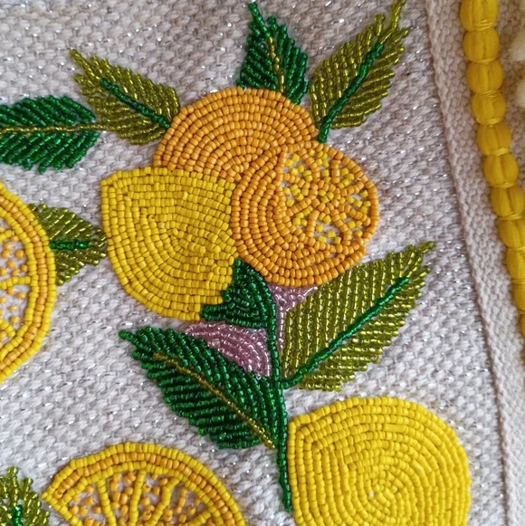 NEW America & Beyond Beaded Lemon Pom Pom Woven Cotton Summer Travel Beach Tote - Picture 2 of 16